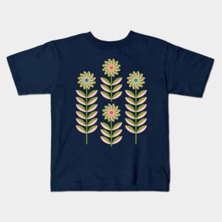 LOVE ME LOVE ME NOT Folk Art Mid-Century Modern Scandi Floral in Pink and Green on Dark Blue - UnBlink Studio by Jackie Tahara Kids T-Shirt